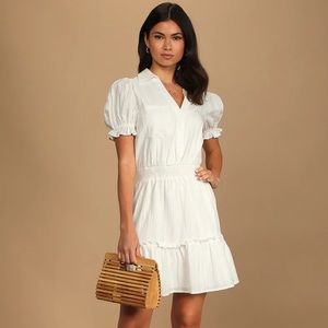 Lulu's White Puff Sleeve V-Neck Tiered Mini Dress